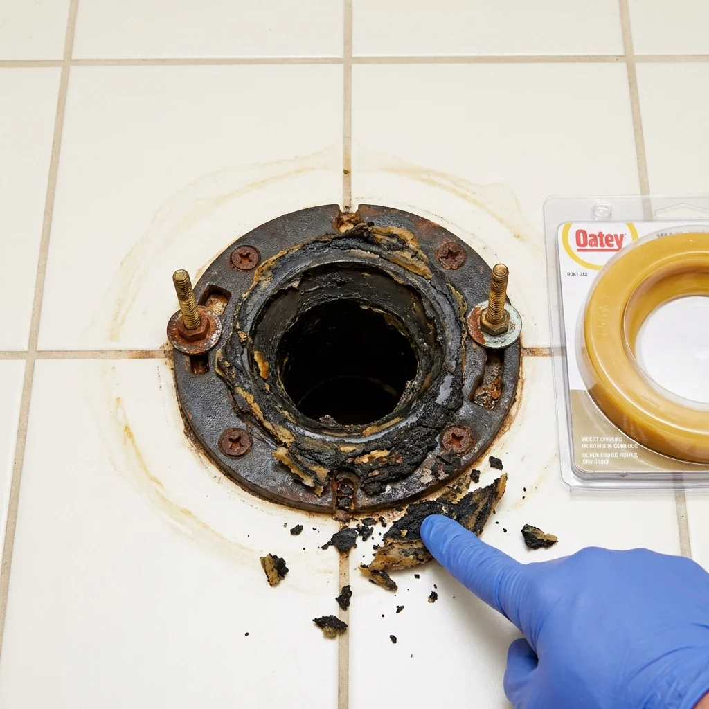Failed wax ring showing water seepage at the base of a toilet in a Plymouth, NC home