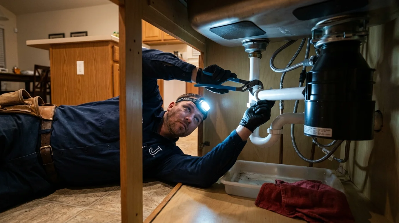 P-trap and supply line connections under a kitchen sink showing a common leak point in Plymouth, NC